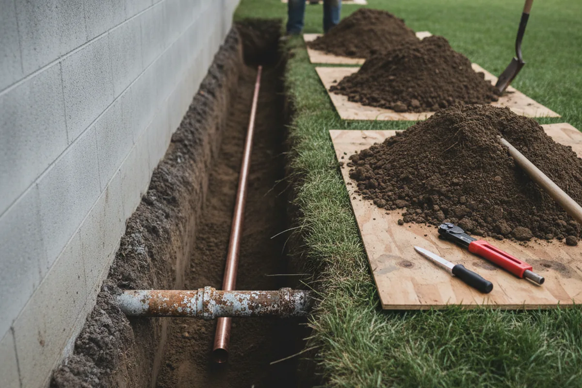 Excavated water line trench during Water Softener Installation in Cherry Plain